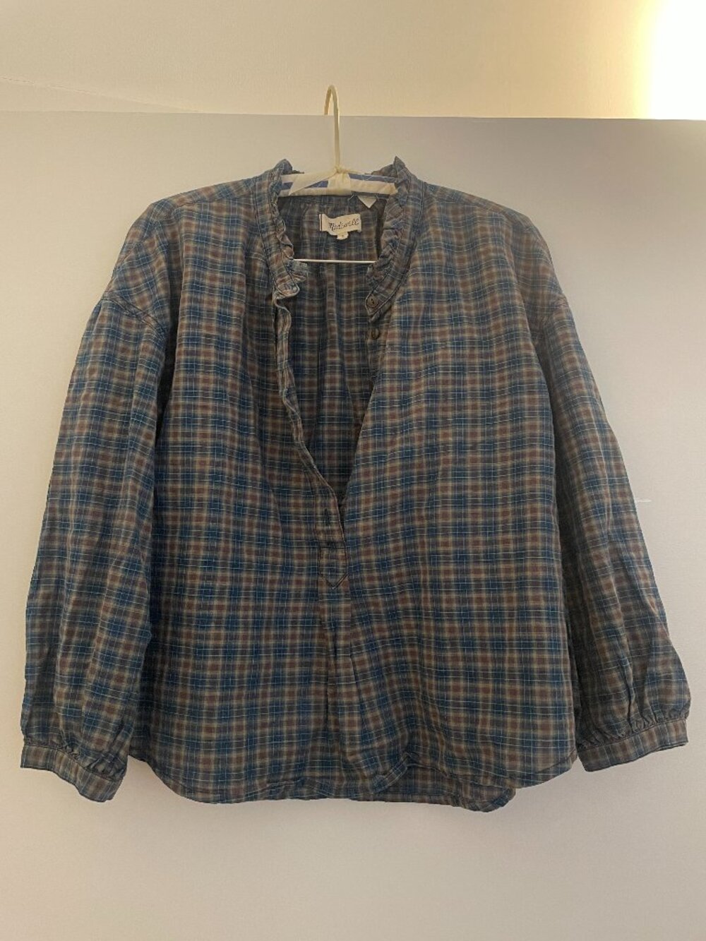 Madewell ruffle-neck popover plaid 100% cotton shirt